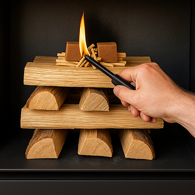 tap 2: grote houtblokken opgestapeld met aanmaakhout en aanmaakblokjes bovenop wordt aangestoken met aansteker voor de zwitserse stookmetode