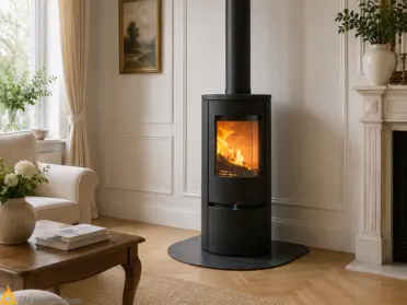 In de woonkamer brandt de Contura 510 Style Connect als zwarte vrijstaande houtkachel met panoramisch vuur, automatische luchtregeling en strak design.