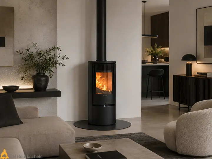 De Contura 510G Style Connect houtkachel verwarmt een modern interieur met een hoog vlammenspel, zwarte afwerking, ronde vorm en glazen deur.