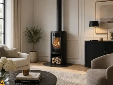 In een stijlvol interieur staat de Contura 520G Style houtkachel van zwart gietijzer met brandend vuur en een hoge rookpijp naast het raam.