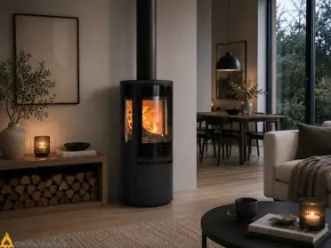In een moderne woonkamer verwarmt de zwarte Contura 556G Style Connect houtkachel met zichtbaar vlammenspel en strakke, ronde vorm.