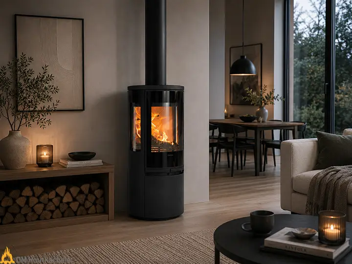 In een moderne woonkamer verwarmt de zwarte Contura 556G Style Connect houtkachel met zichtbaar vlammenspel en strakke, ronde vorm.
