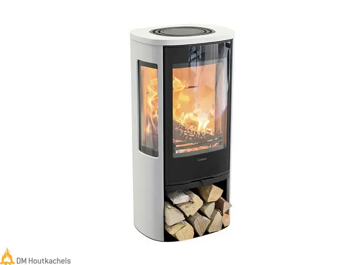 De Contura 856G Style houtkachel brandt met zichtbare vlammen achter glas, met zijruiten en een zwarte voorkant op een lichte behuizing.