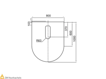 Technische tekening van een Contura vloerplaat voor serie C 500/600/800 Style, met afgeronde onderzijde, uitsparing en maatvoering 800, 600 en 1000.