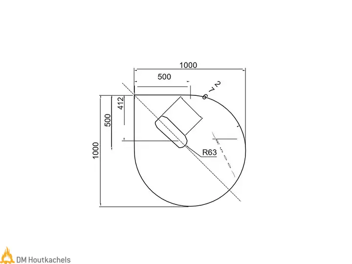 Technische tekening van een Contura vloerplaat voor serie C 500, 600 en 800 Style met draaiplateau, inclusief maten, boogstraal en 360° rotatie.
