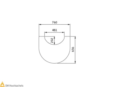 Technische lijntekening van een Contura vloerplaat voor de C610 en C690 Style serie, van 6 mm glas, met afmetingen 760, 481, 202 en 656 mm.