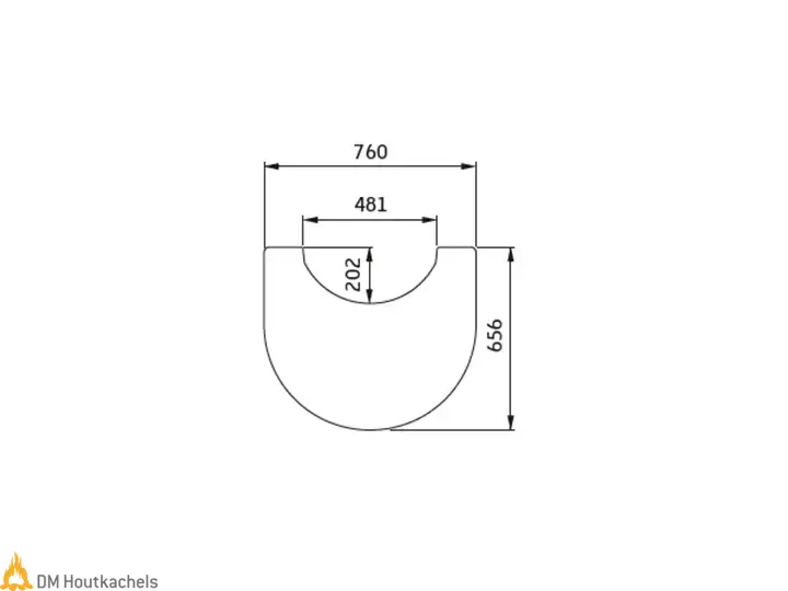 Technische lijntekening van een Contura vloerplaat voor de C610 en C690 Style serie, van 6 mm glas, met afmetingen 760, 481, 202 en 656 mm.