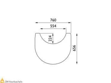 Technische lijntekening van een Contura vloerplaat met afgeronde vorm en maatvoering 760, 554, 224 en 656 millimeter voor C610 en C690 Style.
