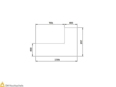 L-vormige Contura vloerplaat van transparant glas voor de Ci51-serie, met maten 1306, 897, 906 en 400 millimeter in een technische tekening.