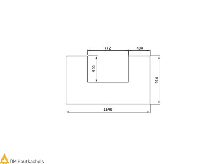 Technische maattekening van de Contura vloerplaat voor de Ci51-serie, met uitsparing en afmetingen 1590, 914, 772, 500 en 409 mm in het schema.