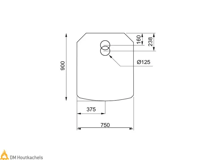 Technische lijntekening van een Contura C50 vloerplaat met maten 900, 750, 375 en Ø125, zwart weergegeven in staal.