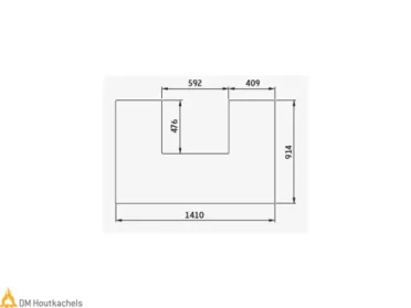 Technische tekening van de Contura vloerplaat wegneembaar voor Ci51 glas met uitsparing en maten 1410, 914, 592 en 409 millimeter.