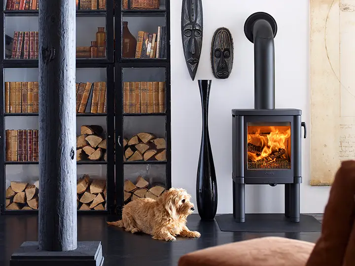 Een zwarte Contura 51 houtkachel brandt warm naast een stapel hout, met boekenrek, Afrikaanse maskers en een liggende hond in de kamer.