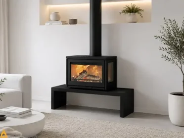 De Contura i8 MyCube B brandt in een strak modern interieur met glazen vuurzicht, zwarte afwerking en een bankvormige module onder een rookbuis.