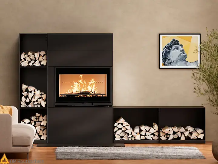 De Contura i8 MyCube G staat centraal in een moderne woonkamer met brandend vuur, ingebouwde houtopslag en een strakke zwarte afwerking.