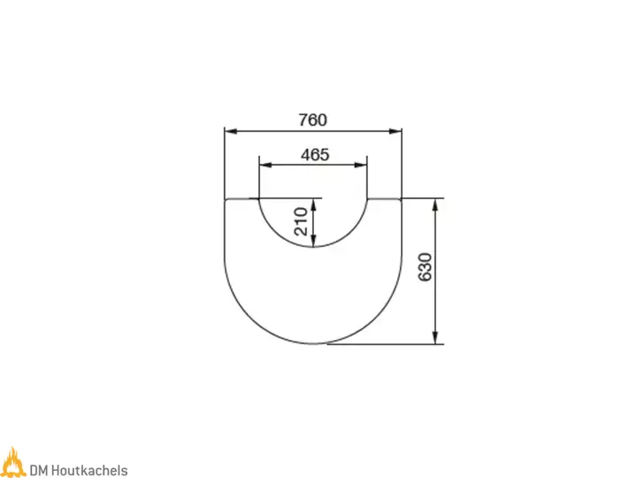 Technische tekening van een zwarte Contura vloerplaat voor serie C 500/600/800 Style met draaiplateau 360°, inclusief afmetingen 760, 465, 210 en 630.