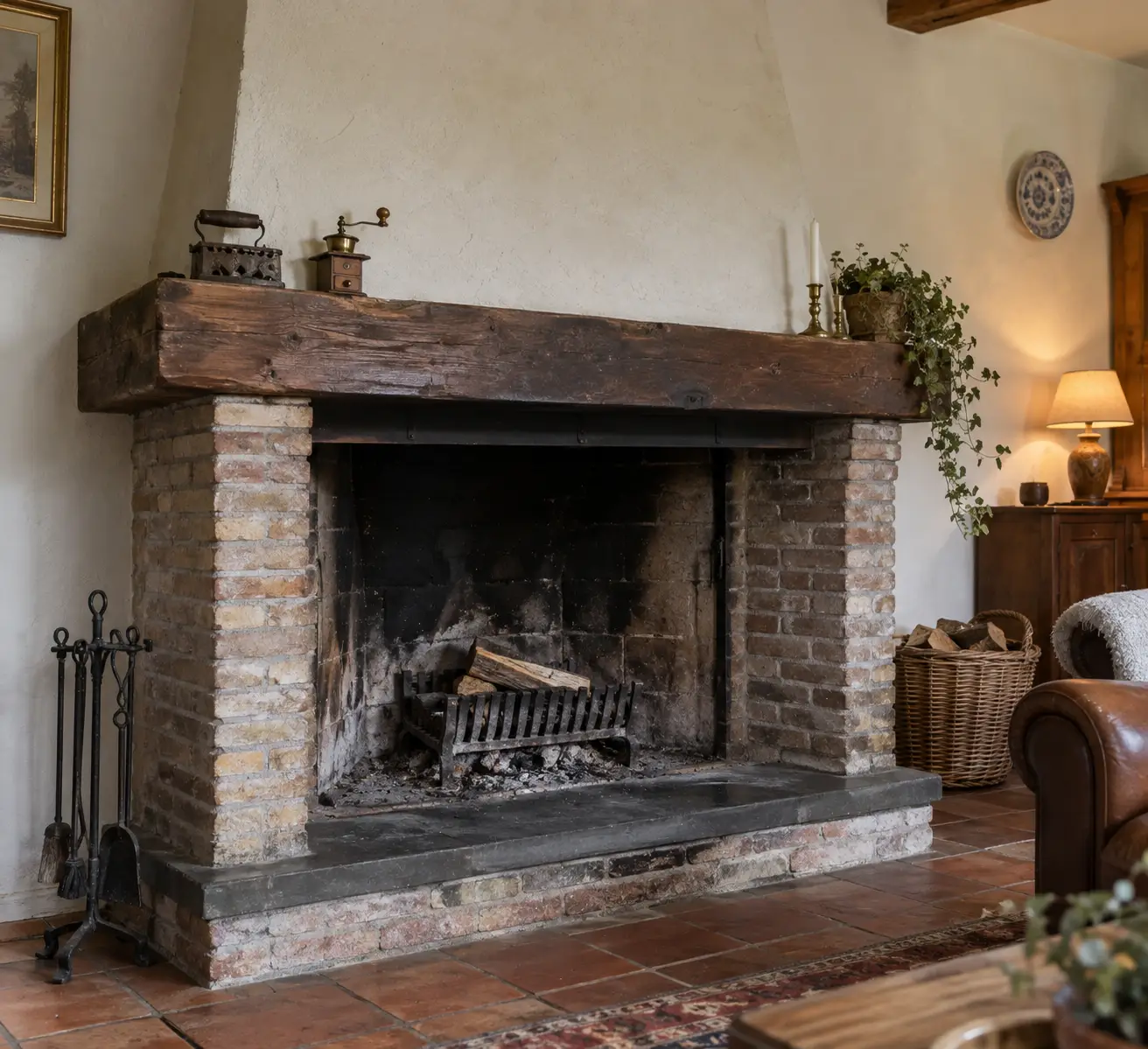 Traditionele open haard van baksteen met houten balk, haardrooster en brandhout in een sfeervolle woonkamer