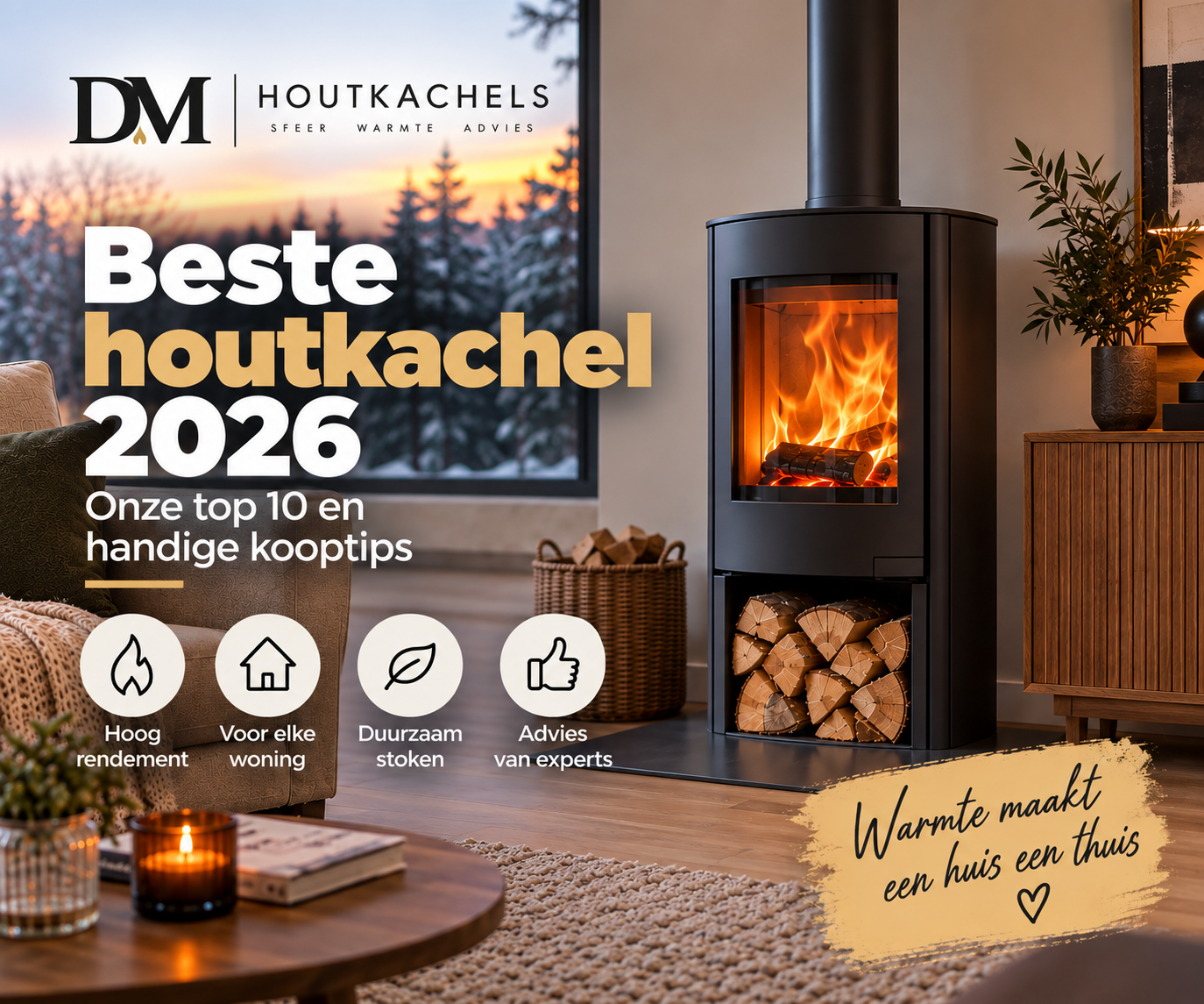 Zwarte houtkachel met brandend vuur en houtvak in een woonkamer, naast tekst over de beste houtkachel van 2026.