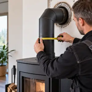 Monteur controleert de kachelpijp en aansluiting van een houtkachel