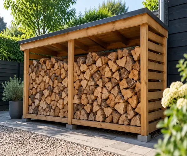 Houten houthok met gestapeld haardhout onder een overkapping voor droge opslag en goede ventilatie.