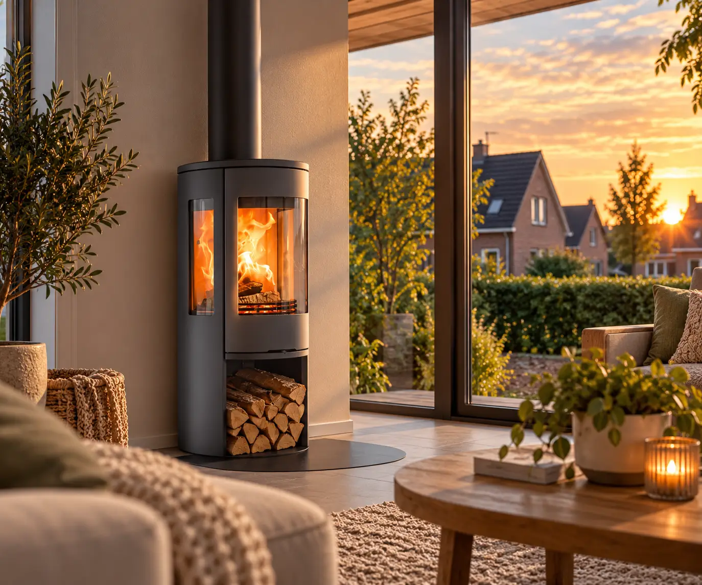 Moderne houtkachel met rustig brandend vuur en woningen in de omgeving