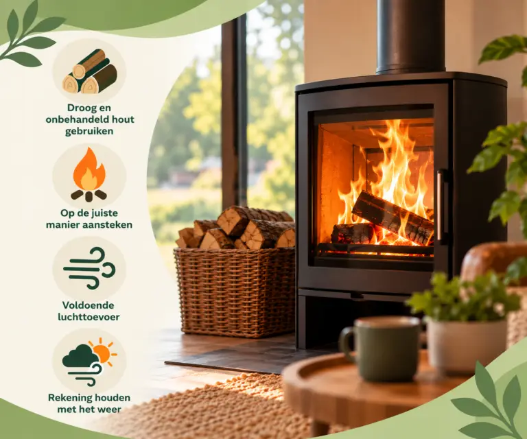 Verantwoord stoken met een houtkachel: gebruik droog hout, steek het vuur op de juiste manier aan, zorg voor voldoende luchttoevoer en houd rekening met het weer.