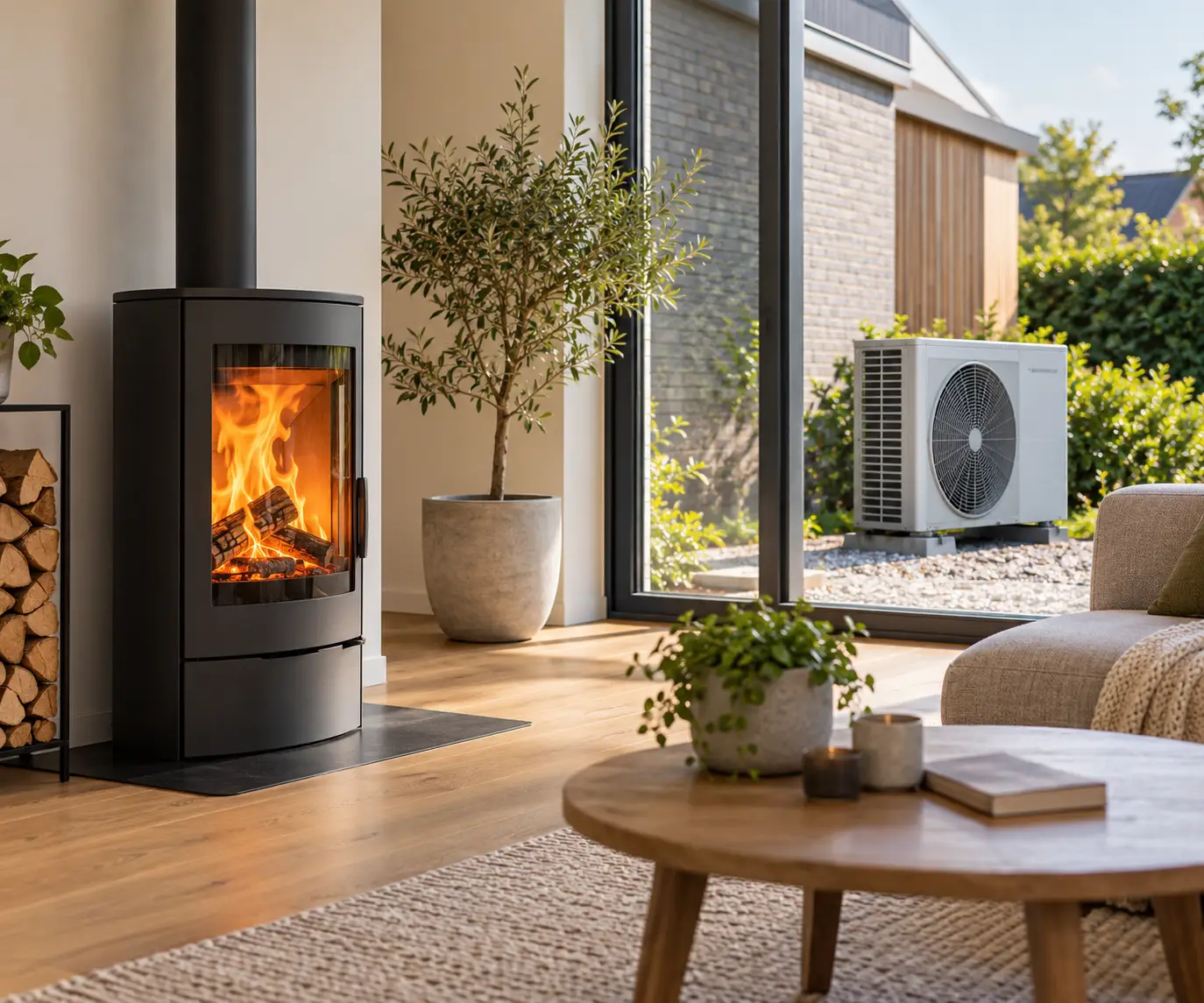 Moderne houtkachel in een lichte woonkamer, gecombineerd met een warmtepomp buiten de woning.