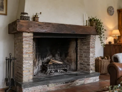 Traditionele open haard van baksteen met houten balk, haardrooster en brandhout in een sfeervolle woonkamer