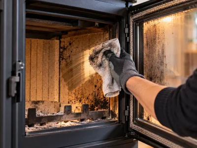 Binnenkant van een vervuilde kachelruit schoonmaken met een doek bij een geopende houtkachel